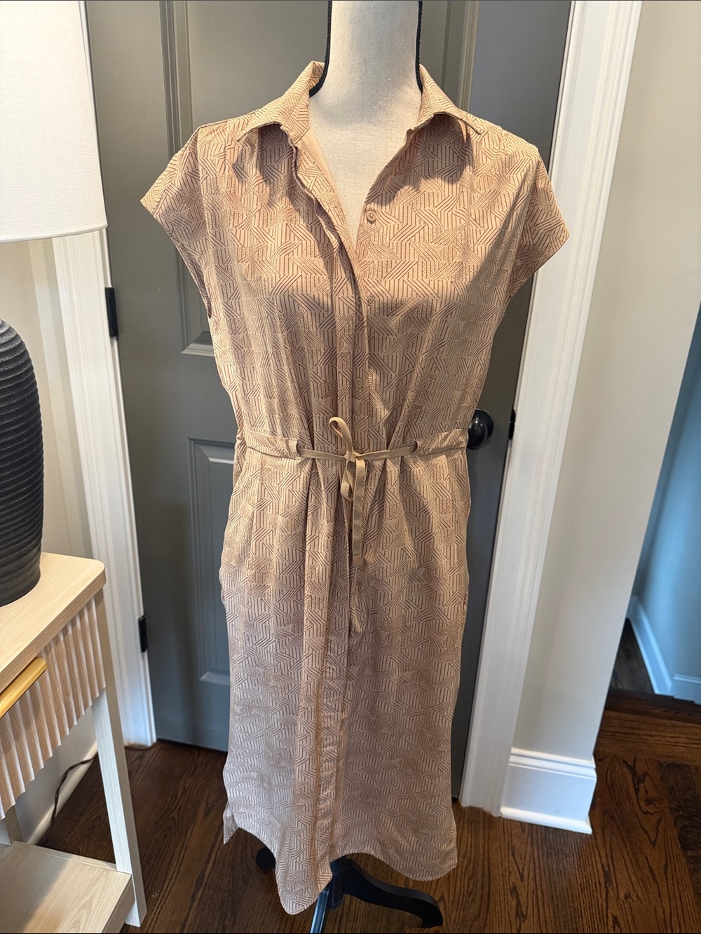 REI Beige Geo-Print Tie-Waist Midi Shirt Dress